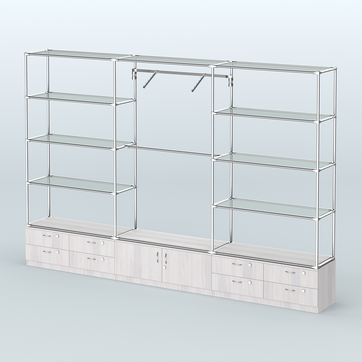 Торговая система ХРОМ без ДСП 3600 мм с тумбами Т14, Т21, прозрачными полками и поручнями №5 Ясень Анкор светлый