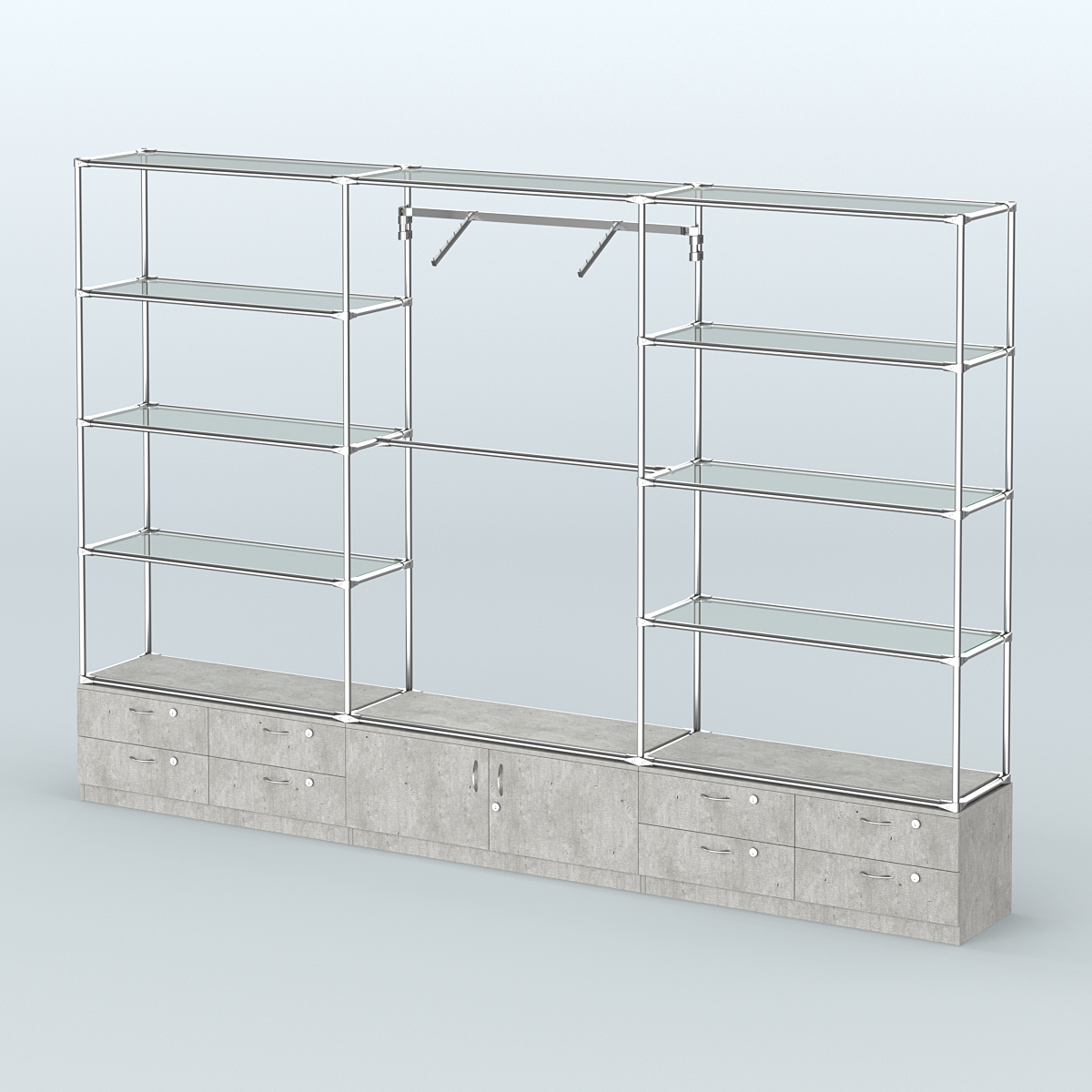 Торговая система ХРОМ без ДСП 3600 мм с тумбами Т14, Т21, прозрачными полками и поручнями №5 Метрополитан Грей