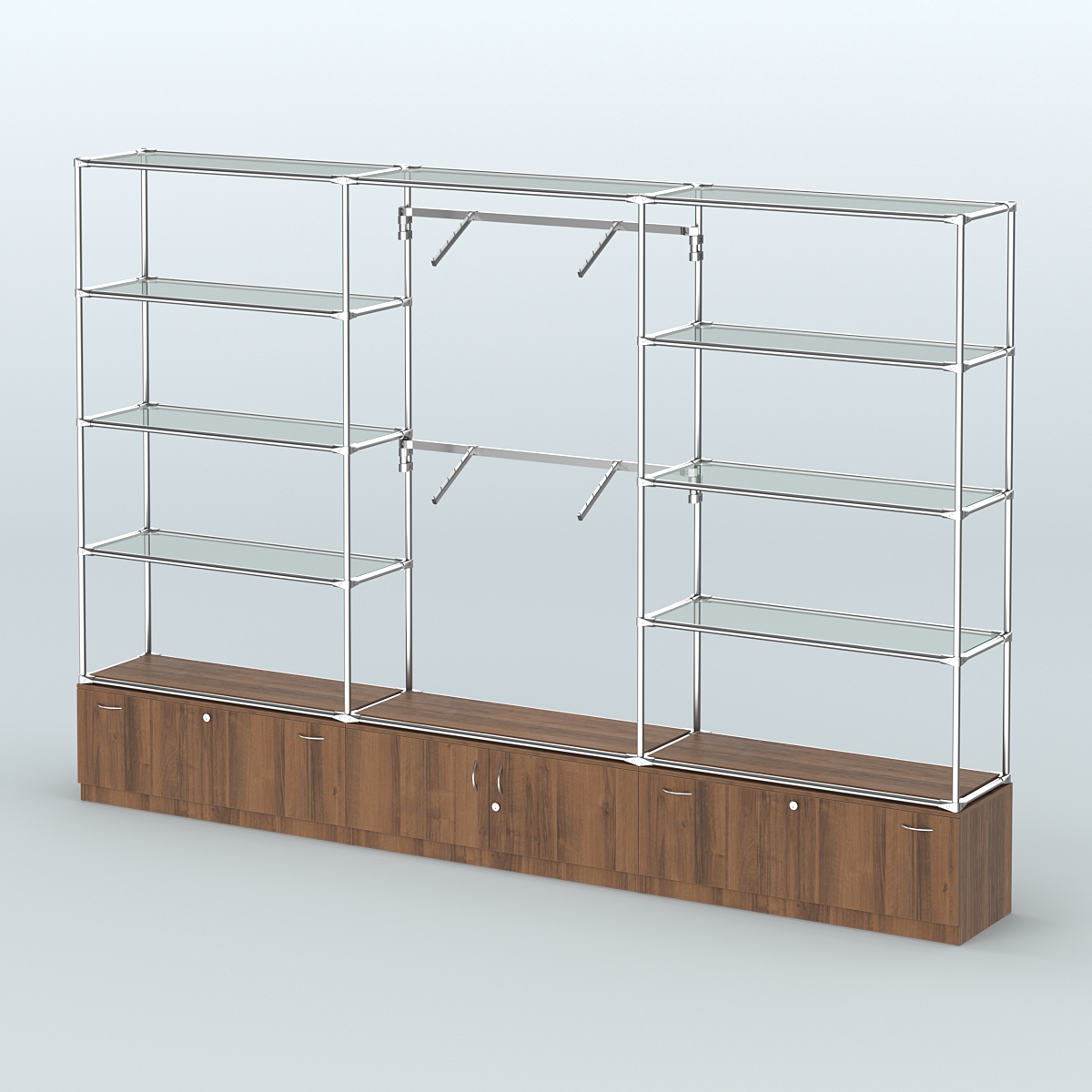 Торговая система ХРОМ без ДСП 3600 мм с тумбами Т11, Т21, прозрачными полками и поручнями №4 Орех