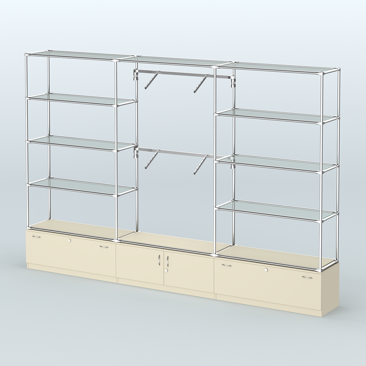 Торговая система ХРОМ без ДСП 3600 мм с тумбами Т11, Т21, прозрачными полками и поручнями №4 Крем Вайс