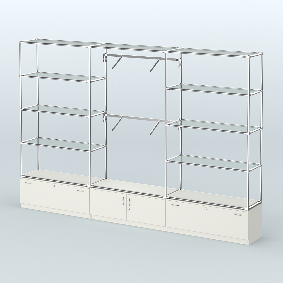 Торговая система ХРОМ без ДСП 3600 мм с тумбами Т11, Т21, прозрачными полками и поручнями №4 Белый