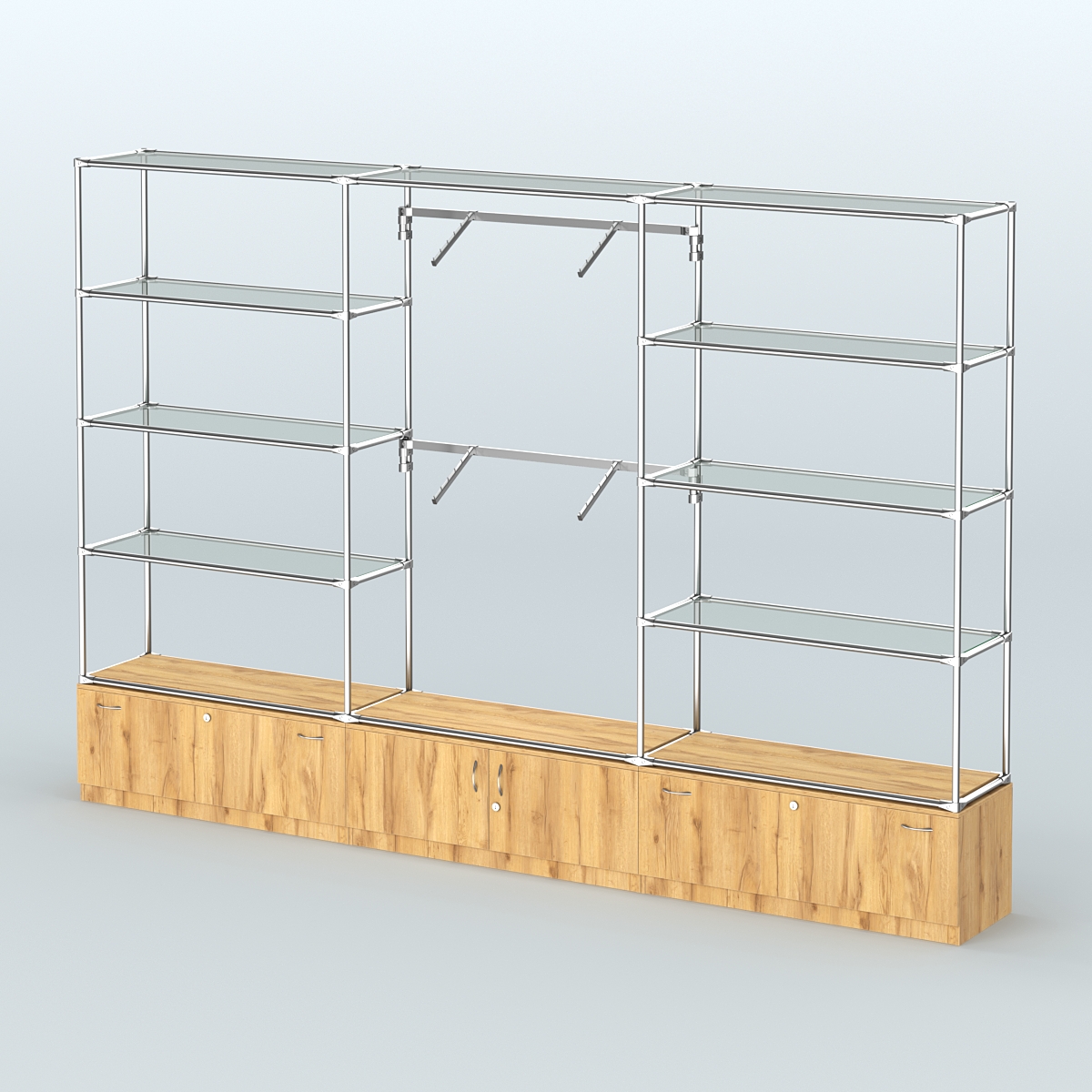 Торговая система ХРОМ без ДСП 3600 мм с тумбами Т11, Т21, прозрачными полками и поручнями №4 Дуб Золотистый