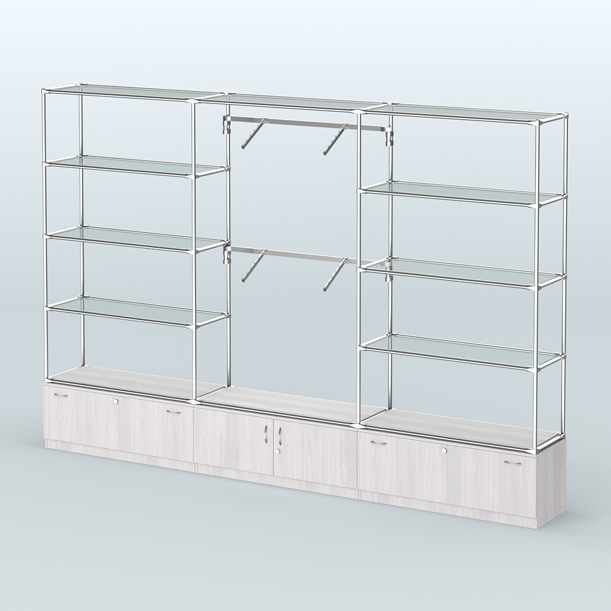 Торговая система ХРОМ без ДСП 3600 мм с тумбами Т11, Т21, прозрачными полками и поручнями №4 Ясень Анкор светлый