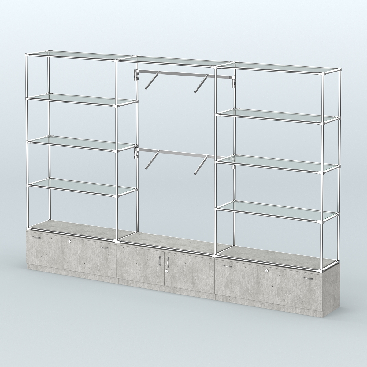 Торговая система ХРОМ без ДСП 3600 мм с тумбами Т11, Т21, прозрачными полками и поручнями №4 Метрополитан Грей