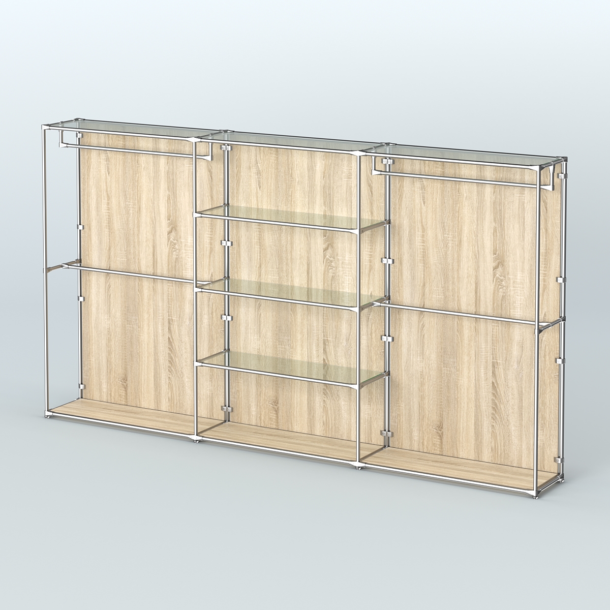 Торговая система ХРОМ (задняя стенка - ДСП) 3600 мм с прозрачными полками и поручнями №2 Дуб Сонома