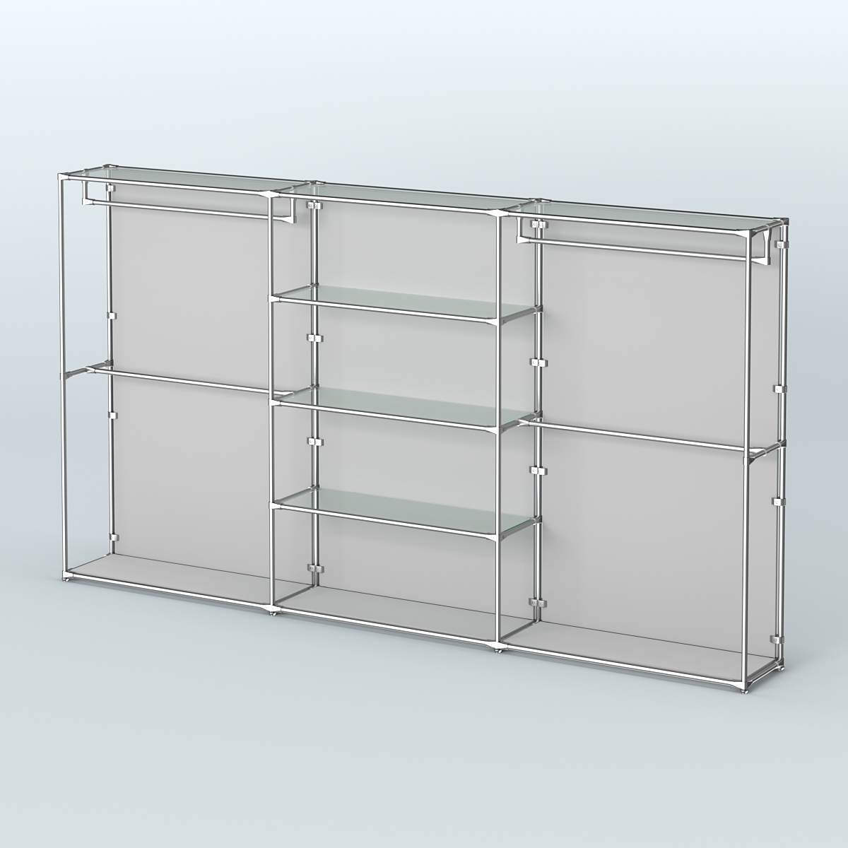 Торговая система ХРОМ (задняя стенка - ДСП) 3600 мм с прозрачными полками и поручнями №2 Серый
