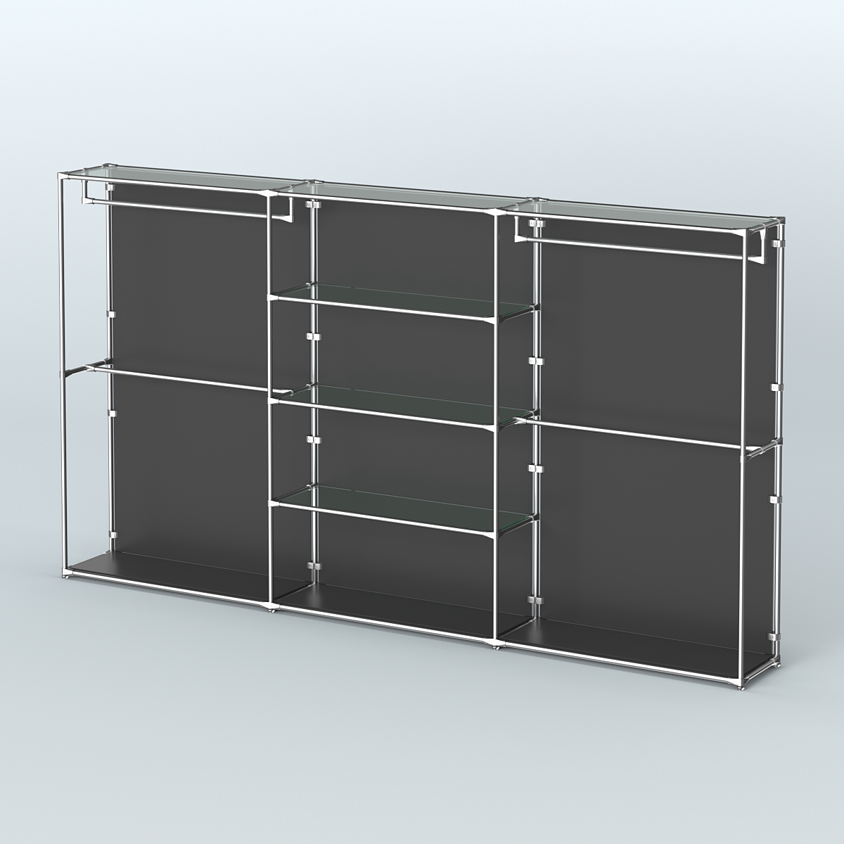 Торговая система ХРОМ (задняя стенка - ДСП) 3600 мм с прозрачными полками и поручнями №2 Черный