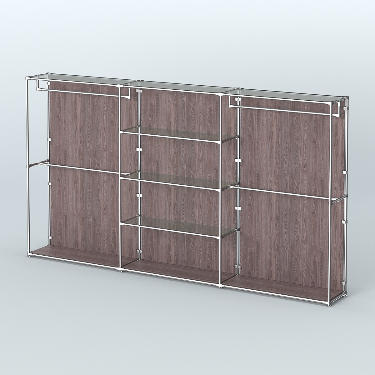 Торговая система ХРОМ (задняя стенка - ДСП) 3600 мм с прозрачными полками и поручнями №2 Ясень Анкор темный