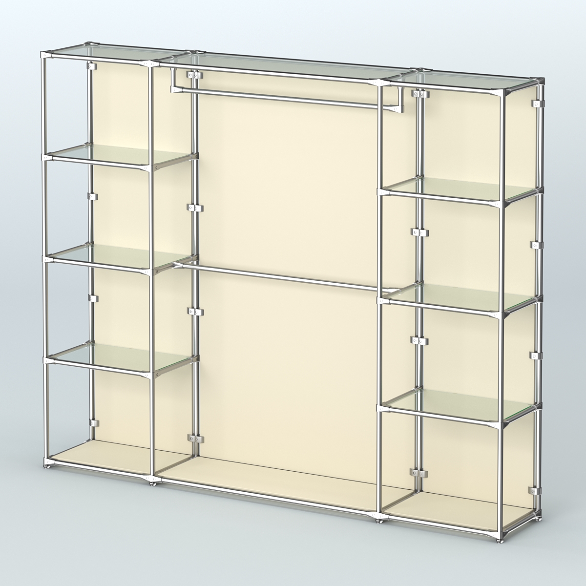 Торговая система ХРОМ (задняя стенка - ДСП) 2430 мм с прозрачными полками и поручнями №3 Крем Вайс