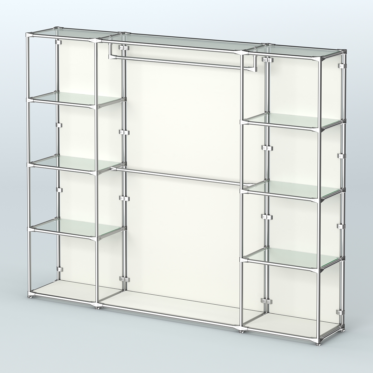 Торговая система ХРОМ (задняя стенка - ДСП) 2430 мм с прозрачными полками и поручнями №3 Белый