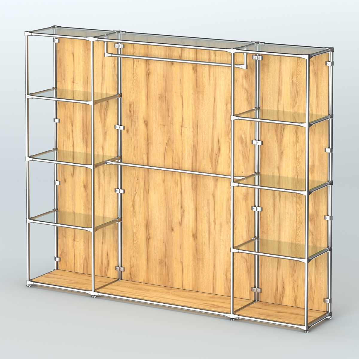 Торговая система ХРОМ (задняя стенка - ДСП) 2430 мм с прозрачными полками и поручнями №3 Дуб Золотистый