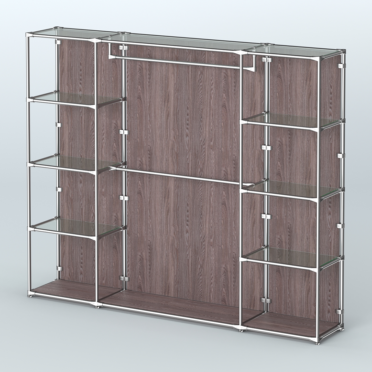 Торговая система ХРОМ (задняя стенка - ДСП) 2430 мм с прозрачными полками и поручнями №3 Ясень Анкор темный
