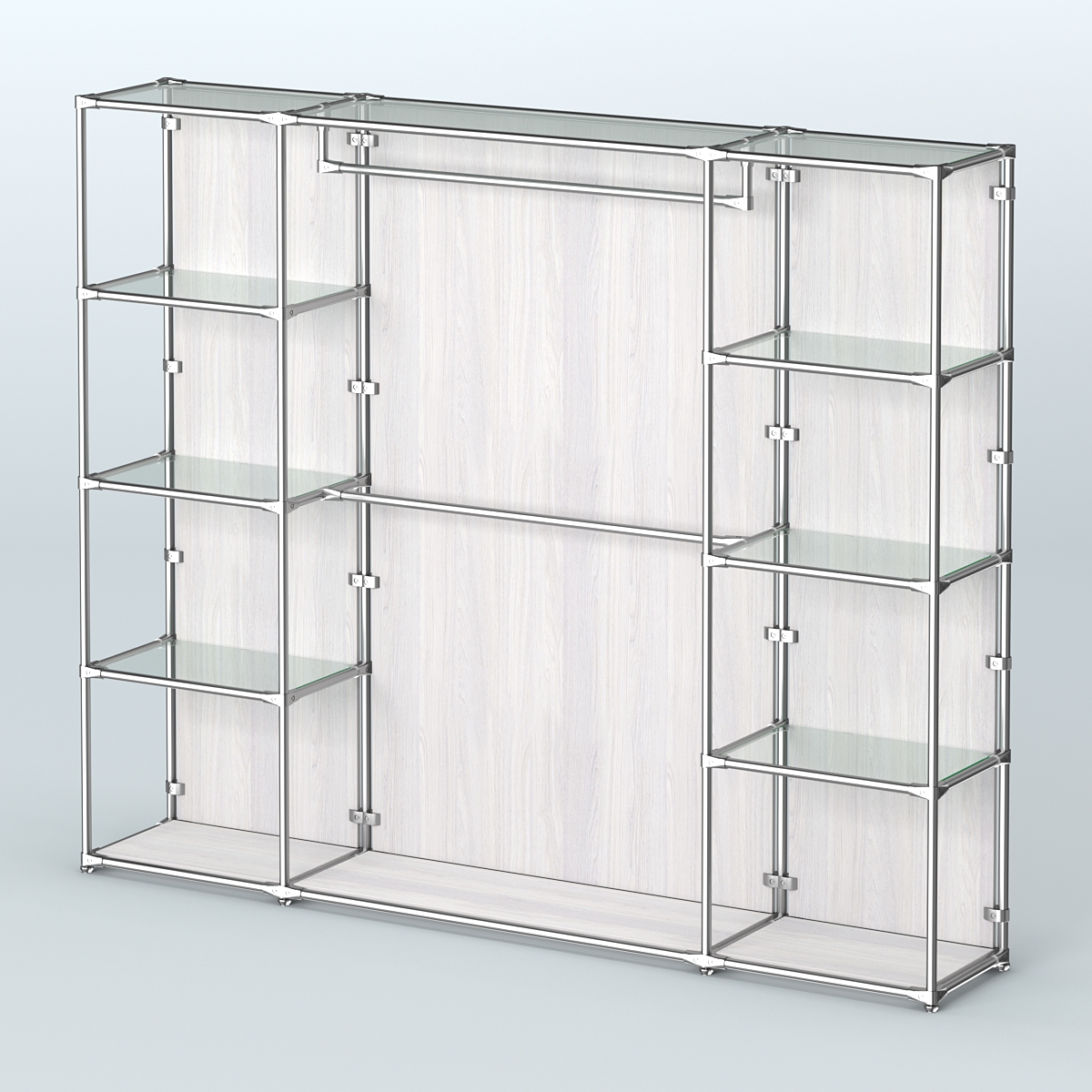 Торговая система ХРОМ (задняя стенка - ДСП) 2430 мм с прозрачными полками и поручнями №3 Ясень Анкор светлый