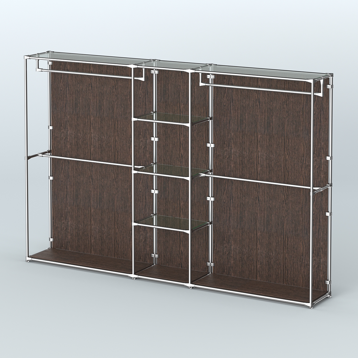 Торговая система ХРОМ (задняя стенка - ДСП) 3030 мм с прозрачными полками и поручнями №4 Дуб Венге