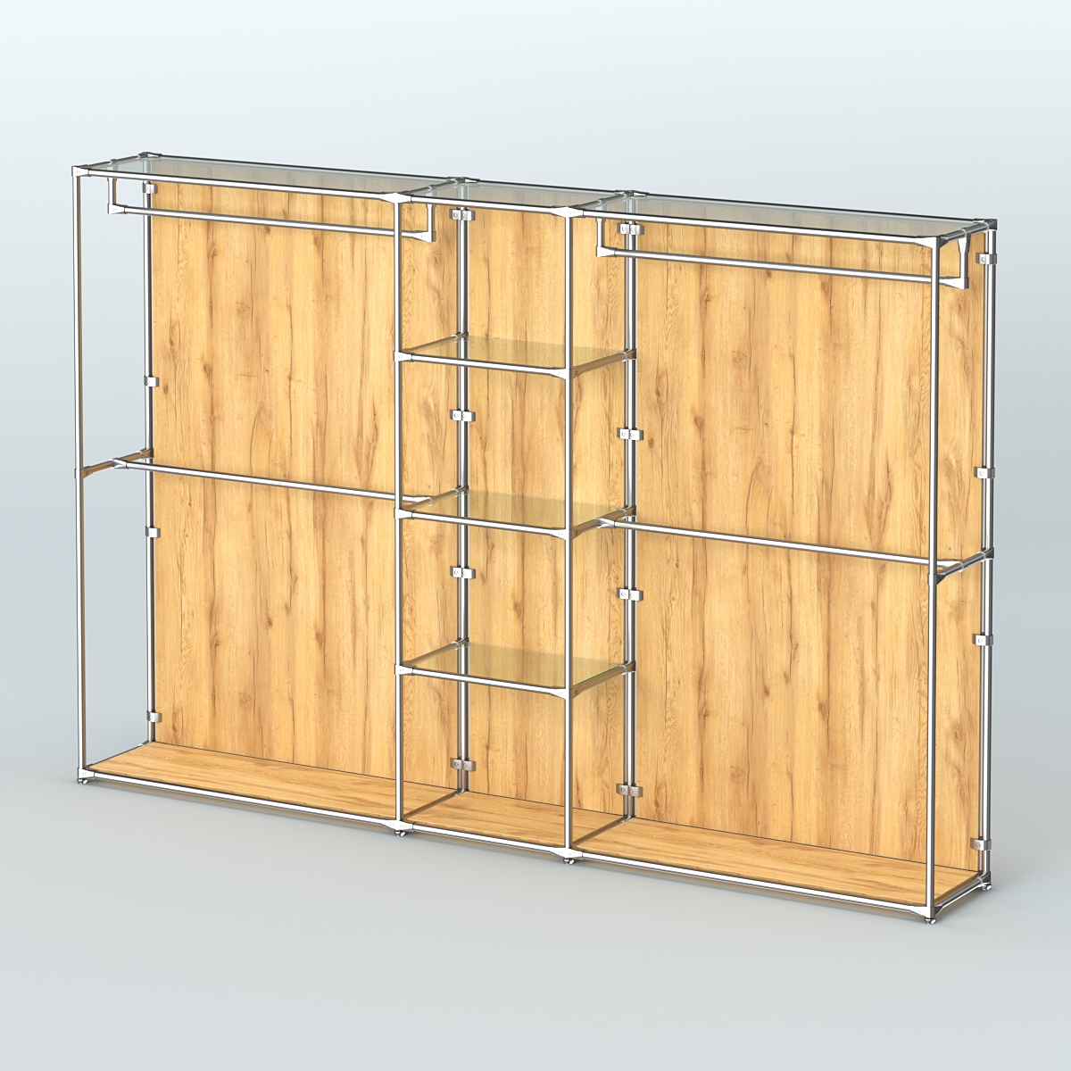 Торговая система ХРОМ (задняя стенка - ДСП) 3030 мм с прозрачными полками и поручнями №4 Дуб Золотистый