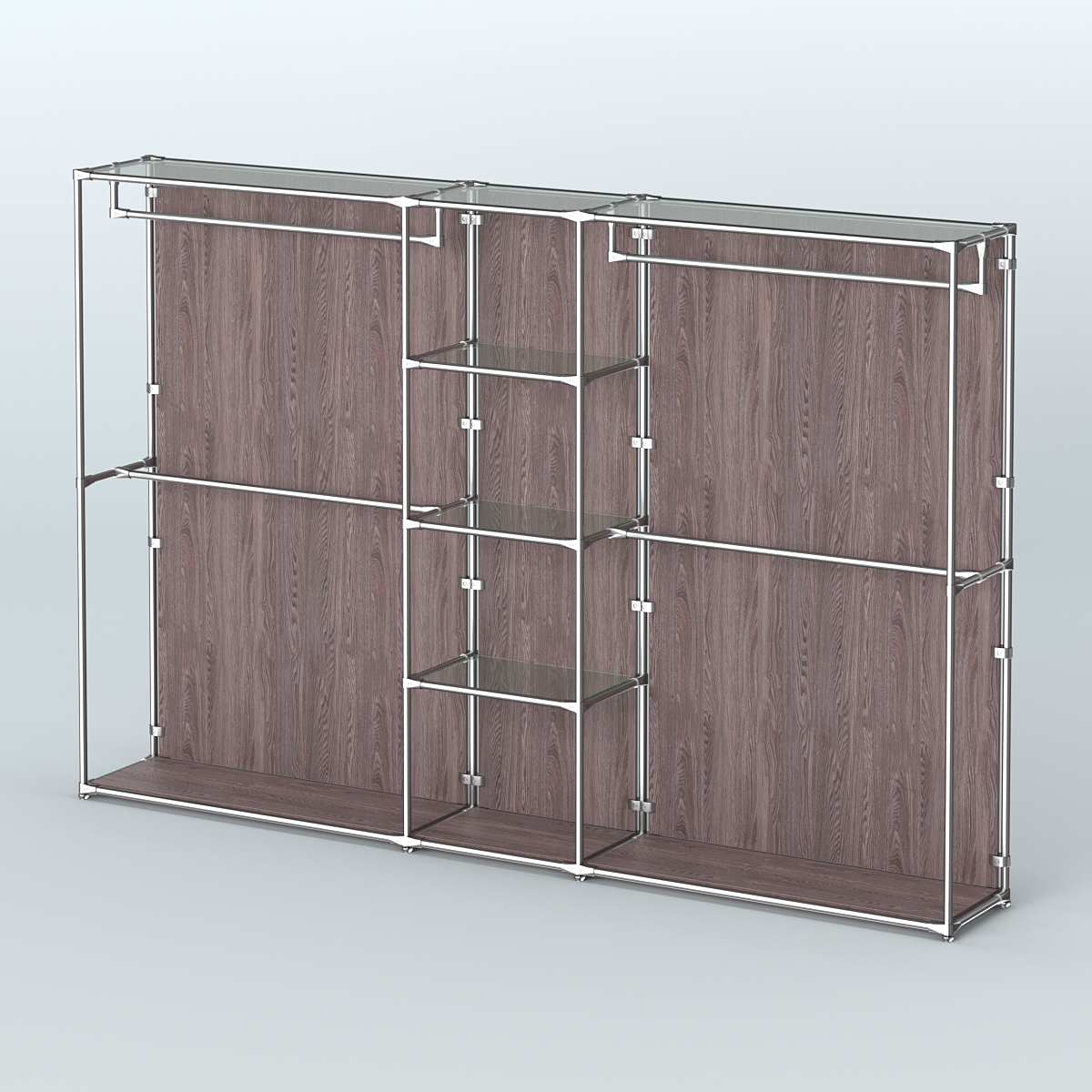 Торговая система ХРОМ (задняя стенка - ДСП) 3030 мм с прозрачными полками и поручнями №4 Ясень Анкор темный