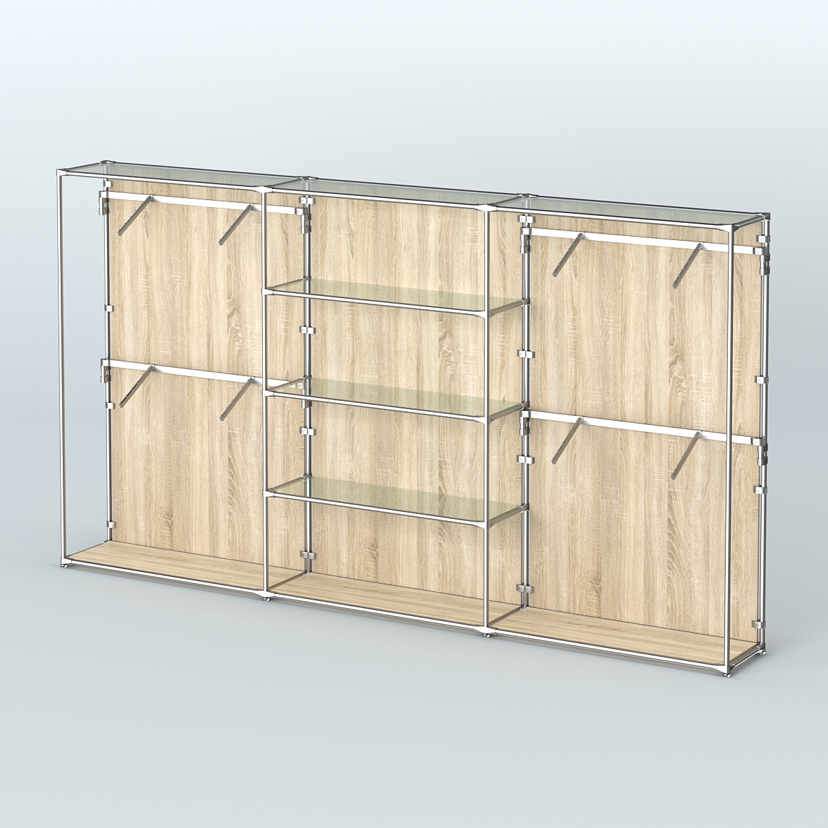 Торговая система ХРОМ (задняя стенка - ДСП) 3600 мм с прозрачными полками и поручнями №5 Дуб Сонома