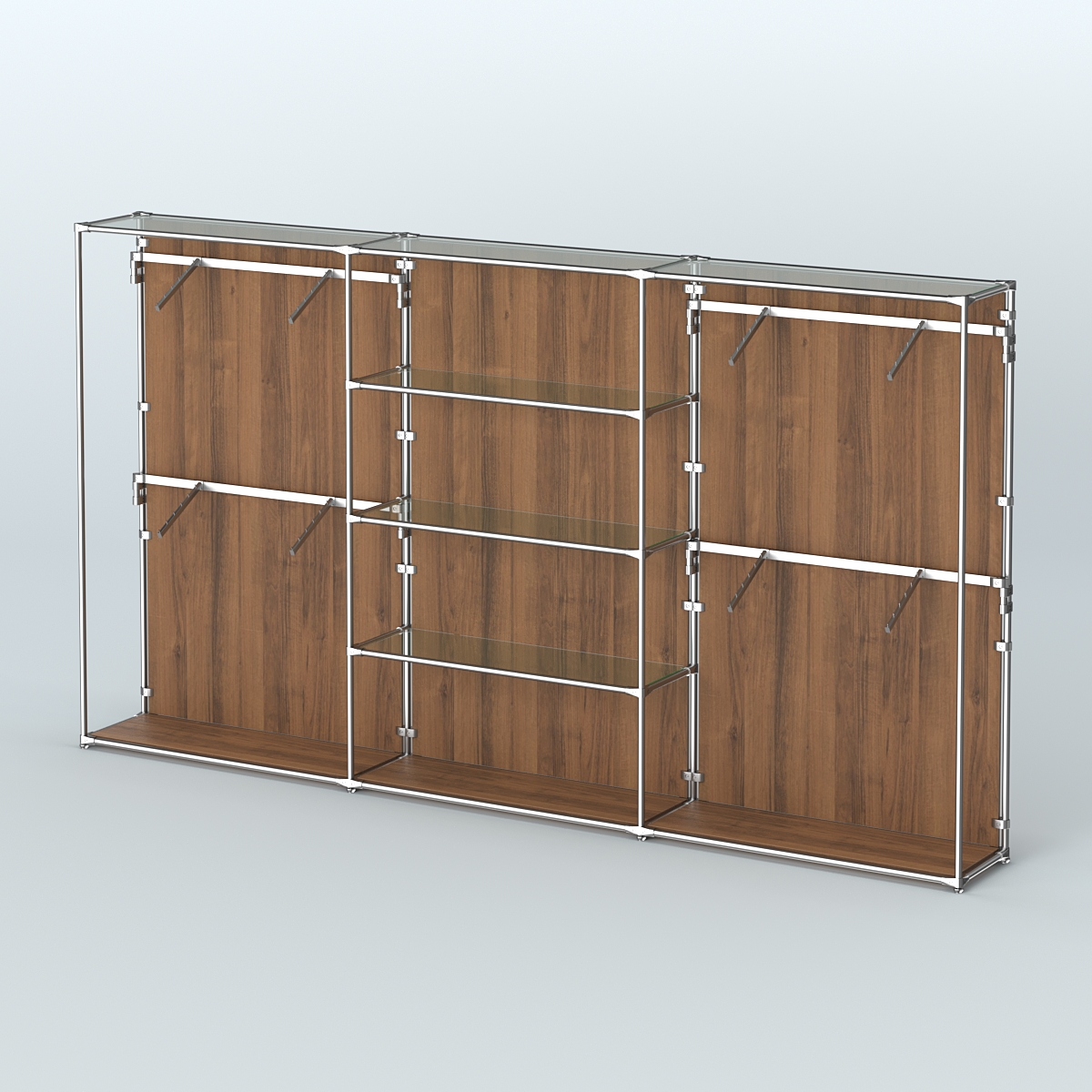 Торговая система ХРОМ (задняя стенка - ДСП) 3600 мм с прозрачными полками и поручнями №5 Орех