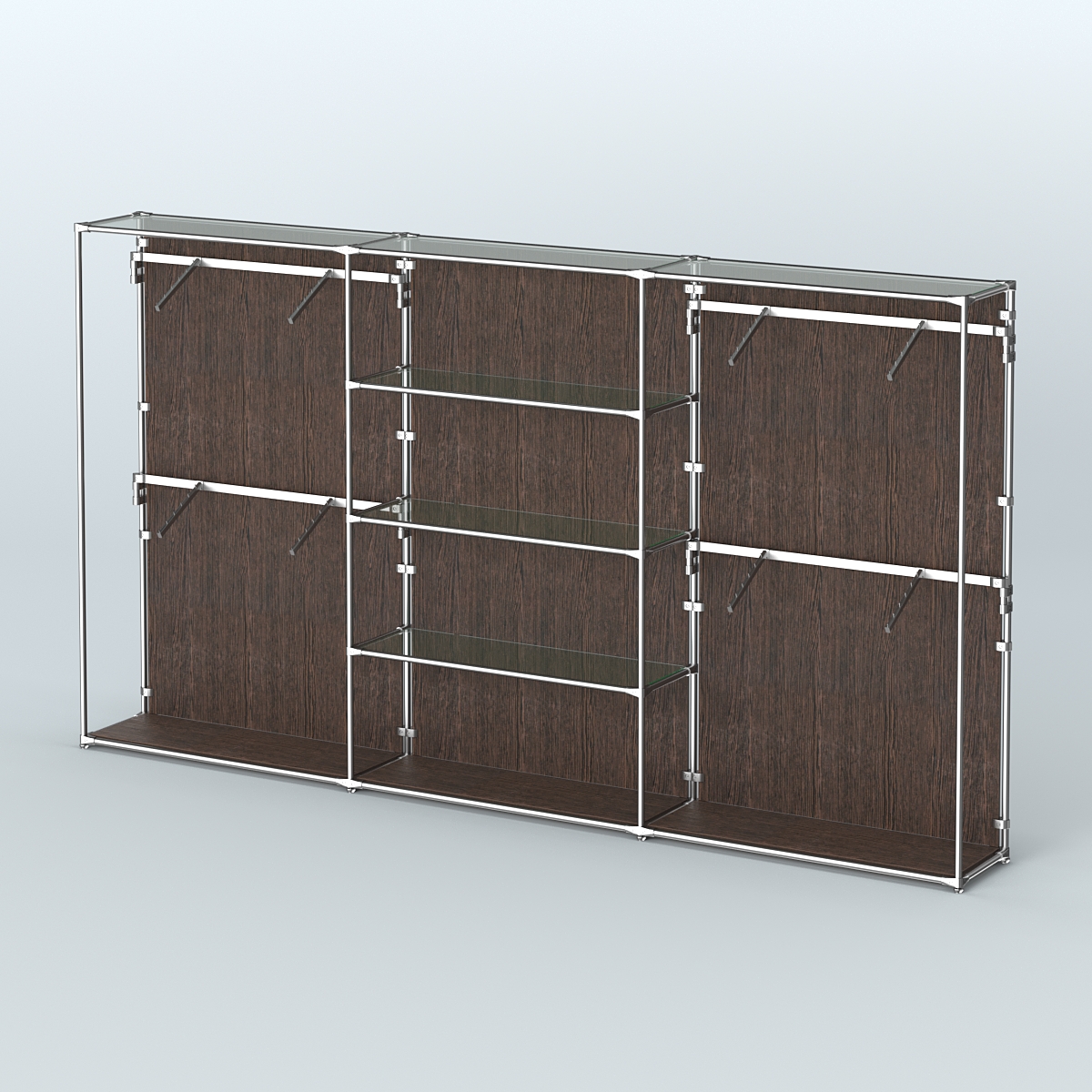 Торговая система ХРОМ (задняя стенка - ДСП) 3600 мм с прозрачными полками и поручнями №5 Дуб Венге