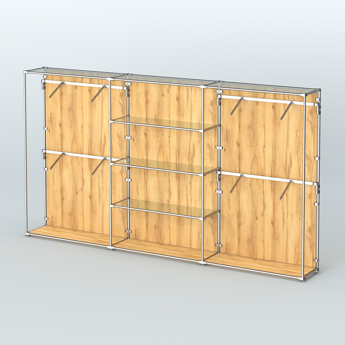 Торговая система ХРОМ (задняя стенка - ДСП) 3600 мм с прозрачными полками и поручнями №5 Дуб Золотистый