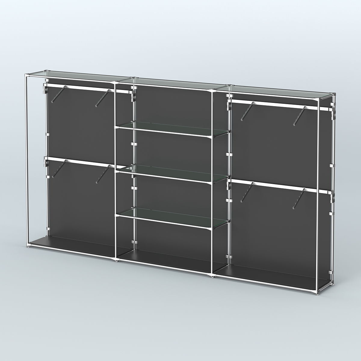 Торговая система ХРОМ (задняя стенка - ДСП) 3600 мм с прозрачными полками и поручнями №5 Черный