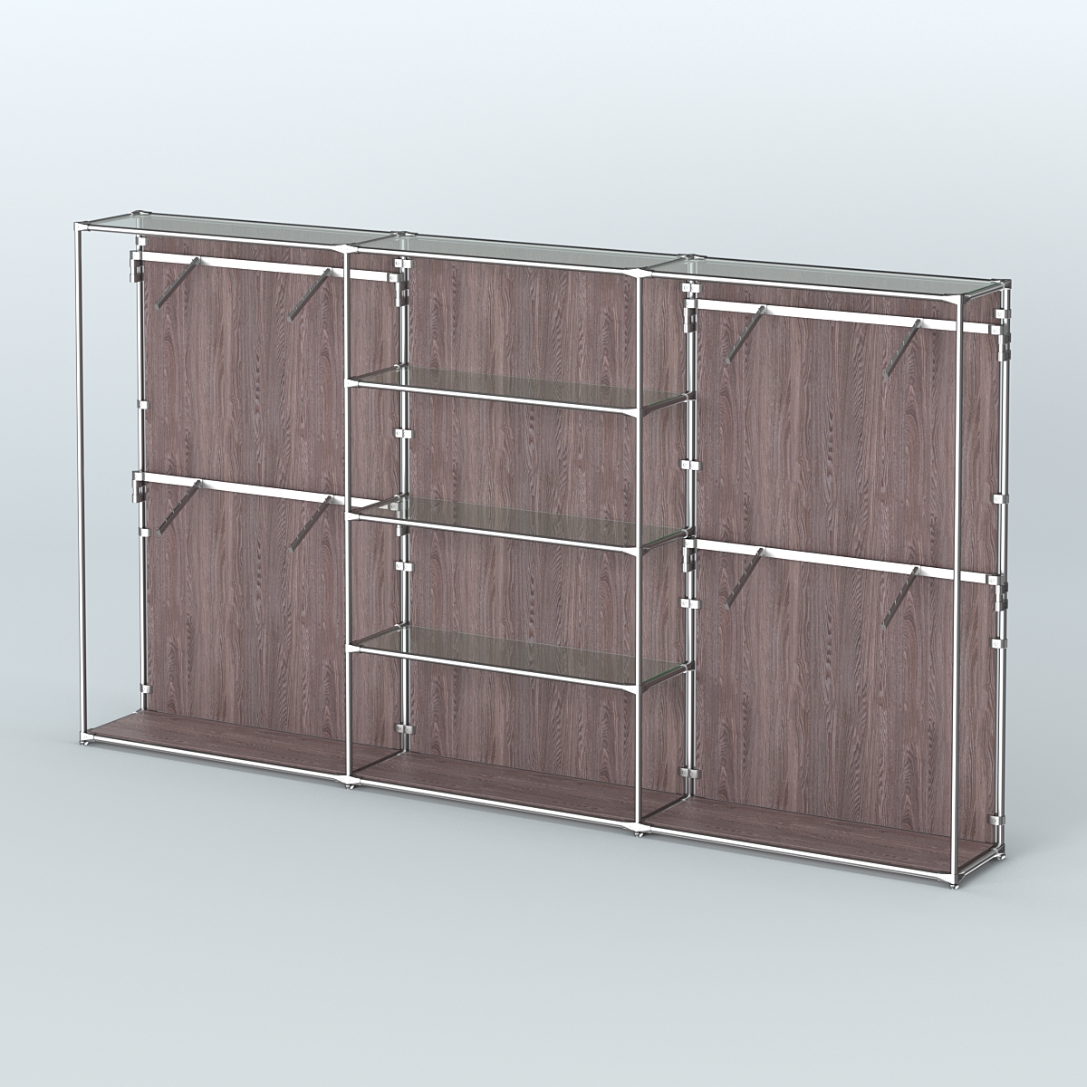 Торговая система ХРОМ (задняя стенка - ДСП) 3600 мм с прозрачными полками и поручнями №5 Ясень Анкор темный