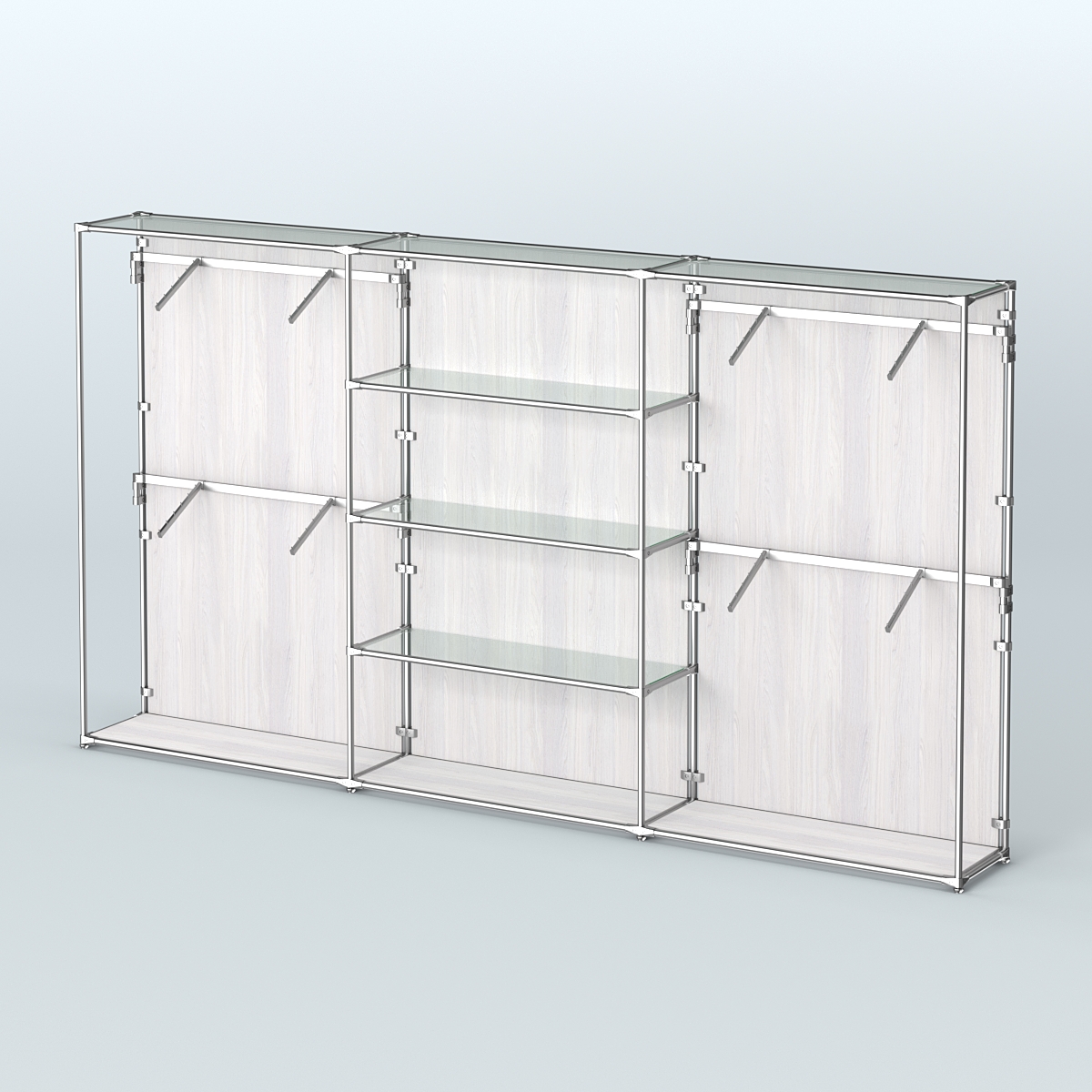 Торговая система ХРОМ (задняя стенка - ДСП) 3600 мм с прозрачными полками и поручнями №5 Ясень Анкор светлый