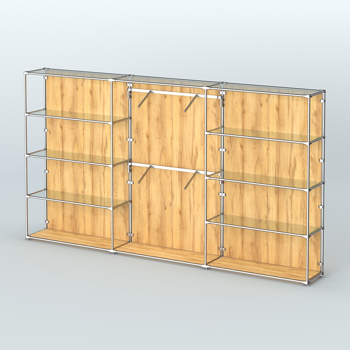 Торговая система ХРОМ (задняя стенка - ДСП) 3600 мм с прозрачными полками и поручнями №6 Дуб Золотистый