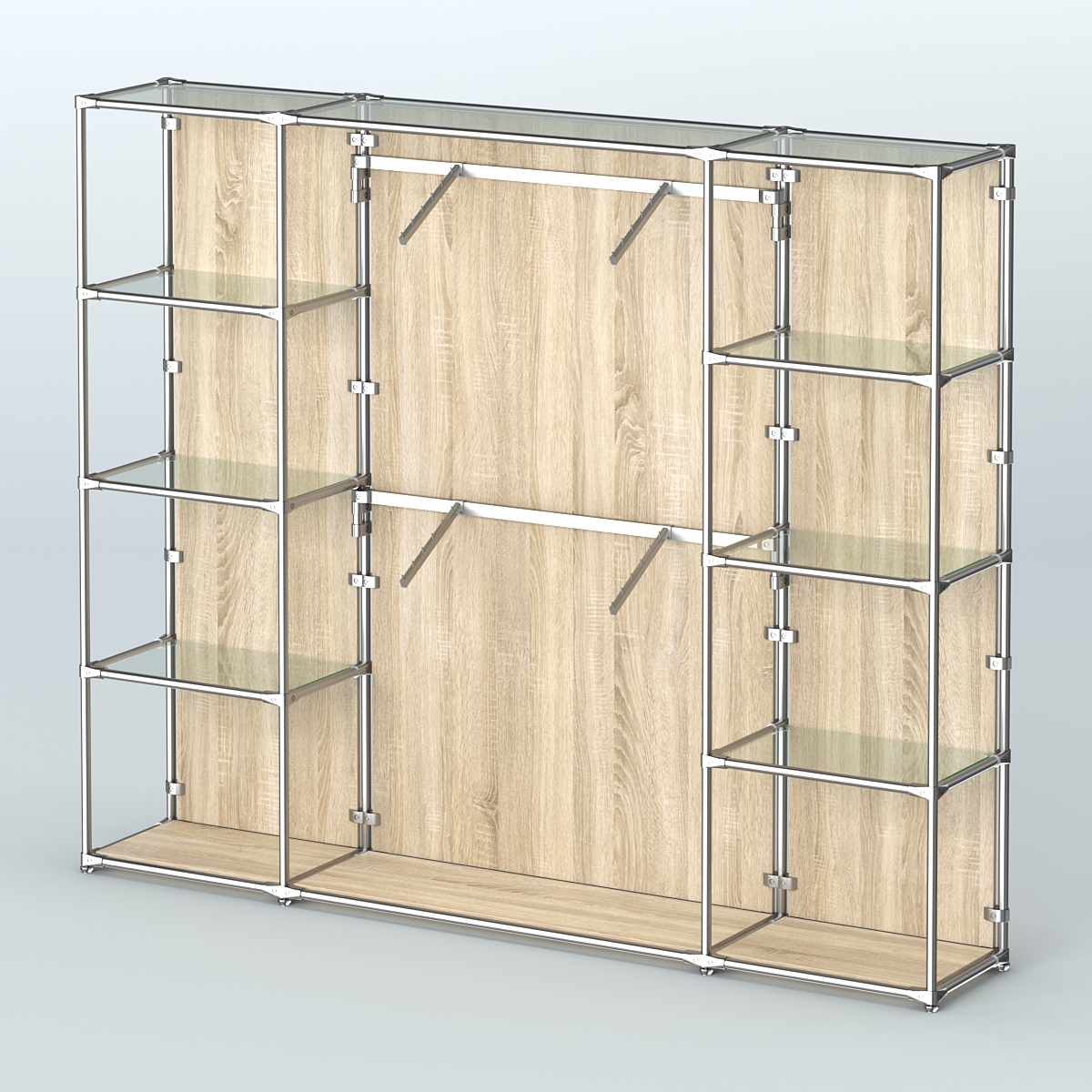 Торговая система ХРОМ (задняя стенка - ДСП) 2430 мм с прозрачными полками и поручнями №7 Дуб Сонома