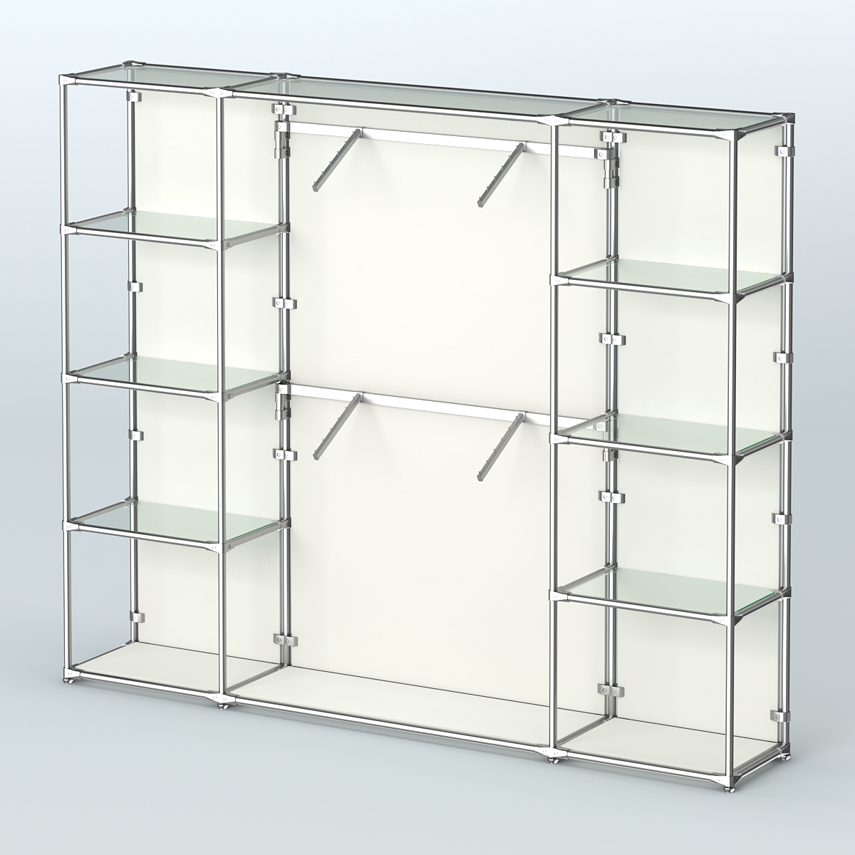 Торговая система ХРОМ (задняя стенка - ДСП) 2430 мм с прозрачными полками и поручнями №7 Белый