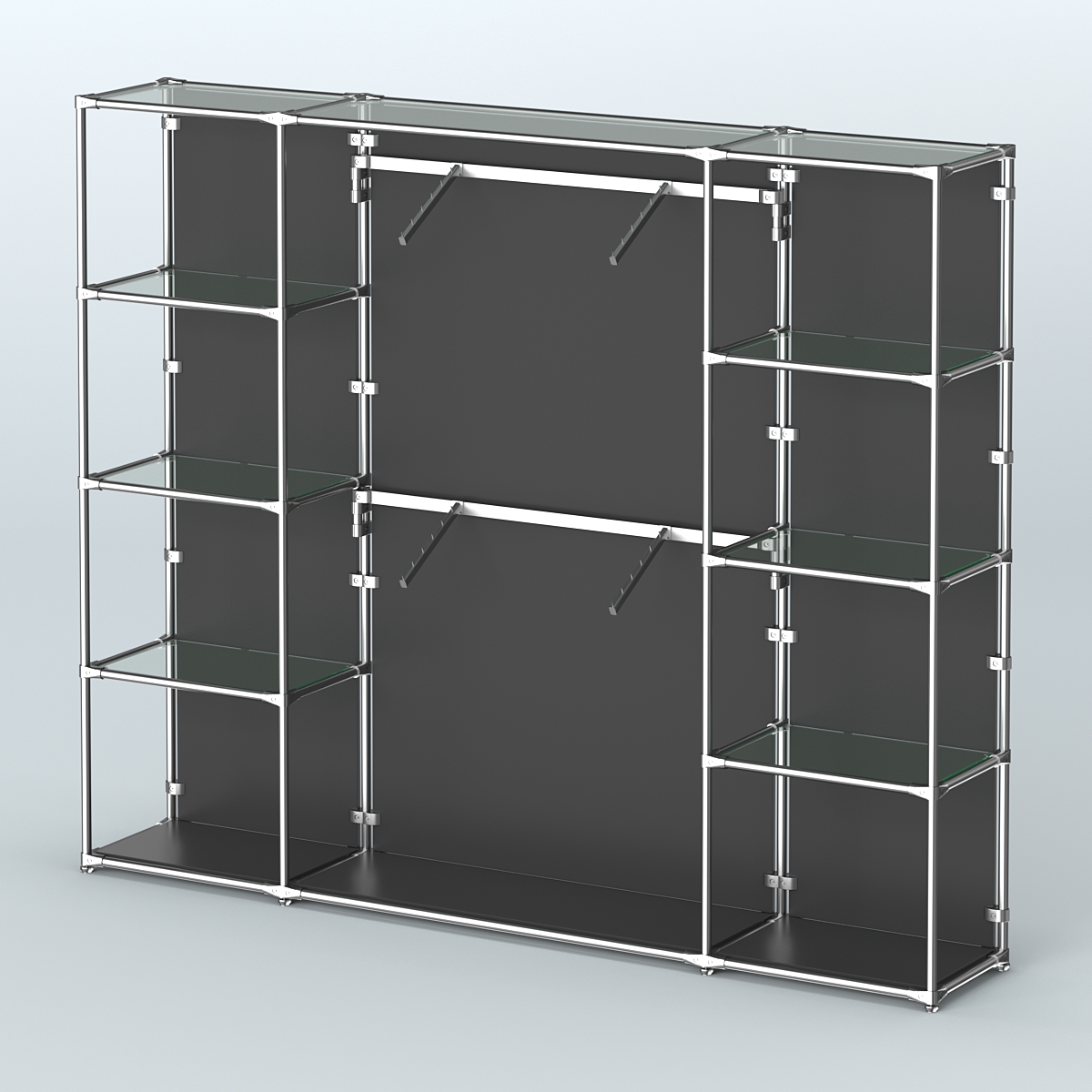 Торговая система ХРОМ (задняя стенка - ДСП) 2430 мм с прозрачными полками и поручнями №7 Черный