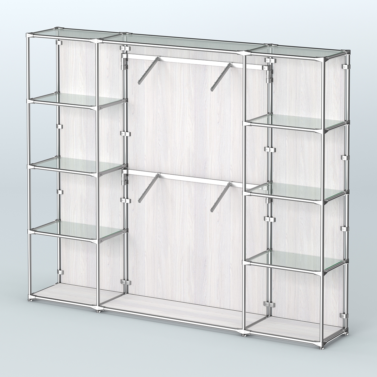 Торговая система ХРОМ (задняя стенка - ДСП) 2430 мм с прозрачными полками и поручнями №7 Ясень Анкор светлый