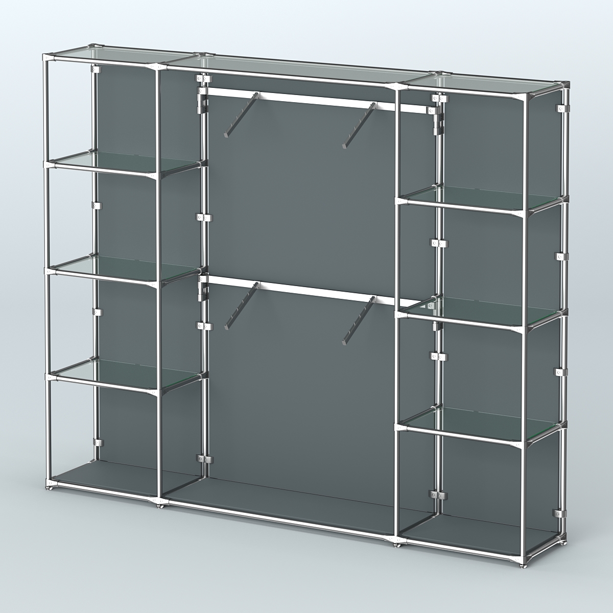 Торговая система ХРОМ (задняя стенка - ДСП) 2430 мм с прозрачными полками и поручнями №7 Темно-Серый