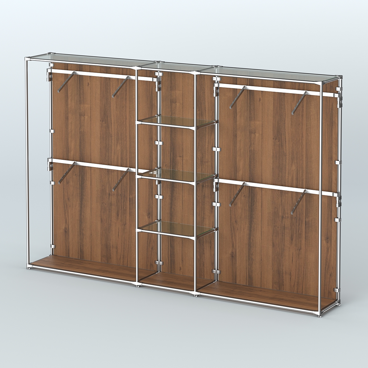 Торговая система ХРОМ (задняя стенка - ДСП) 3030 мм с прозрачными полками и поручнями №8 Орех