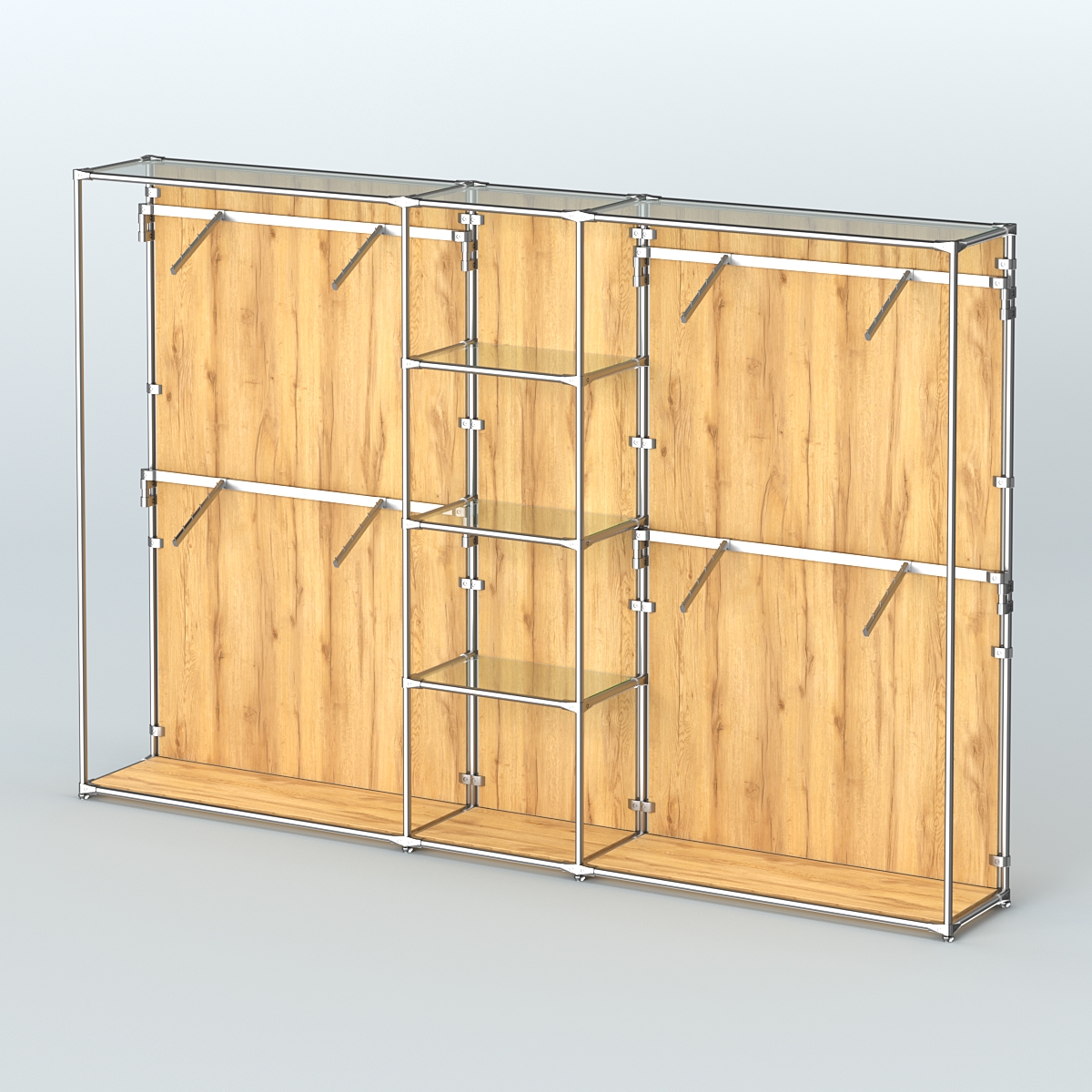 Торговая система ХРОМ (задняя стенка - ДСП) 3030 мм с прозрачными полками и поручнями №8 Дуб Золотистый