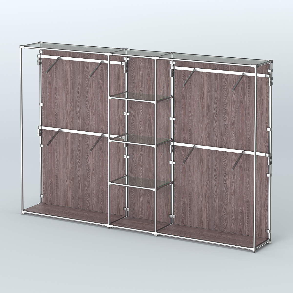 Торговая система ХРОМ (задняя стенка - ДСП) 3030 мм с прозрачными полками и поручнями №8 Ясень Анкор темный