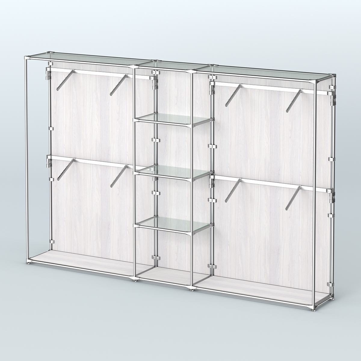 Торговая система ХРОМ (задняя стенка - ДСП) 3030 мм с прозрачными полками и поручнями №8 Ясень Анкор светлый