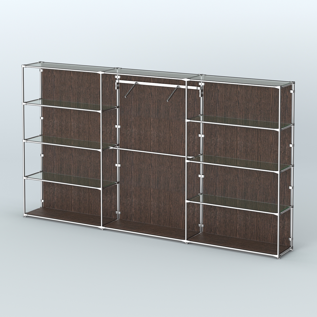 Торговая система ХРОМ (задняя стенка - ДСП) 3600 мм с прозрачными полками и поручнями №9 Дуб Венге