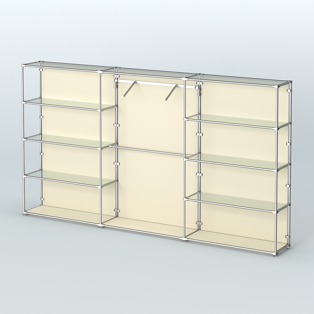 Торговая система ХРОМ (задняя стенка - ДСП) 3600 мм с прозрачными полками и поручнями №9 Крем Вайс