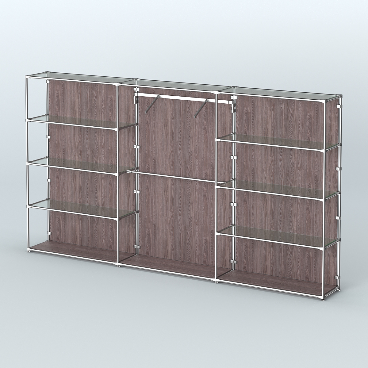 Торговая система ХРОМ (задняя стенка - ДСП) 3600 мм с прозрачными полками и поручнями №9 Ясень Анкор темный