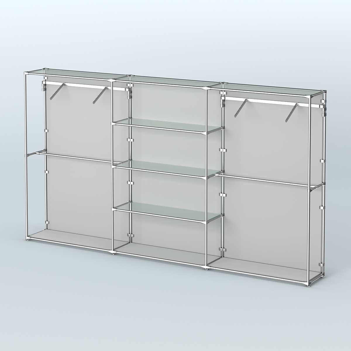 Торговая система ХРОМ (задняя стенка - ДСП) 3600 мм с прозрачными полками и поручнями №10 Серый