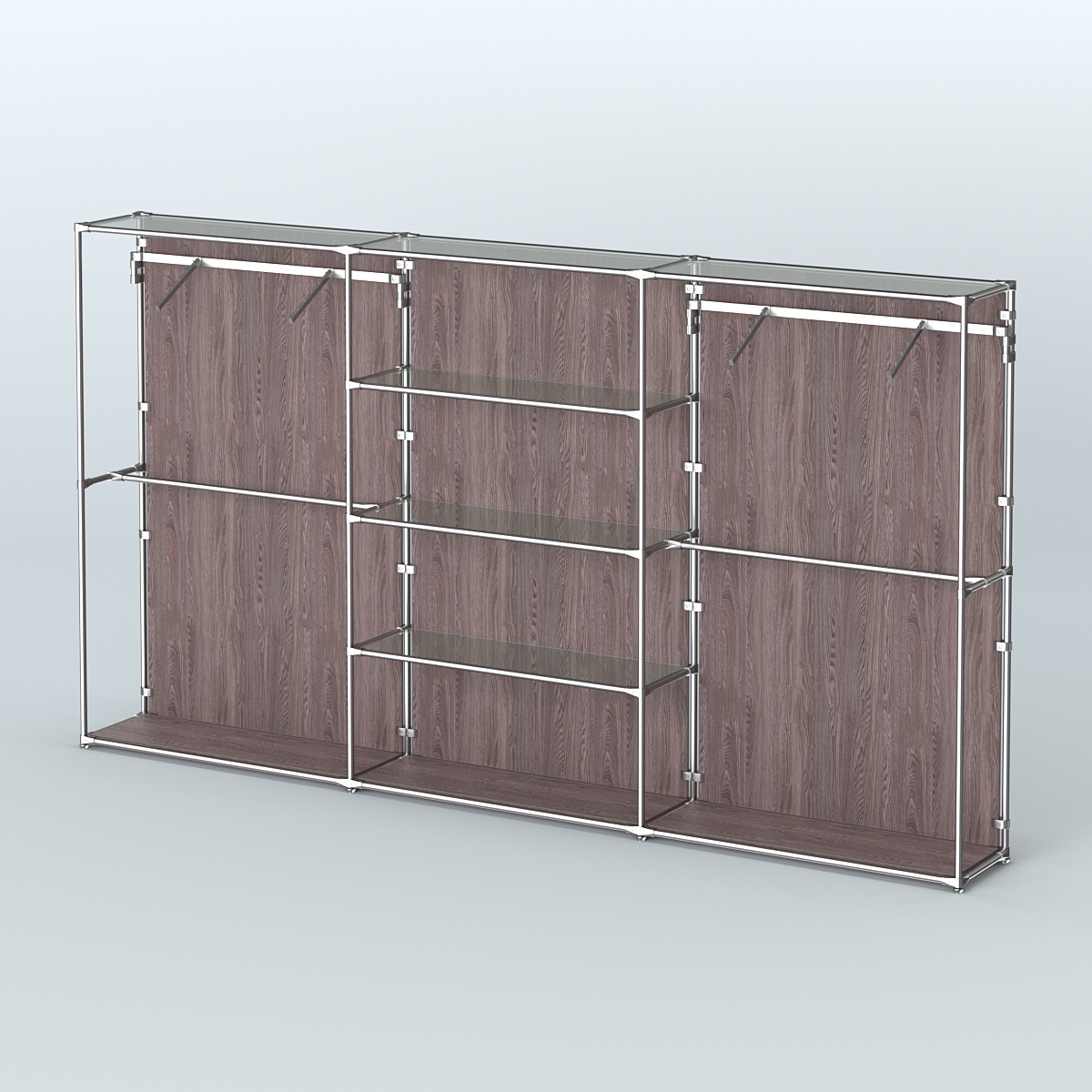 Торговая система ХРОМ (задняя стенка - ДСП) 3600 мм с прозрачными полками и поручнями №10 Ясень Анкор темный