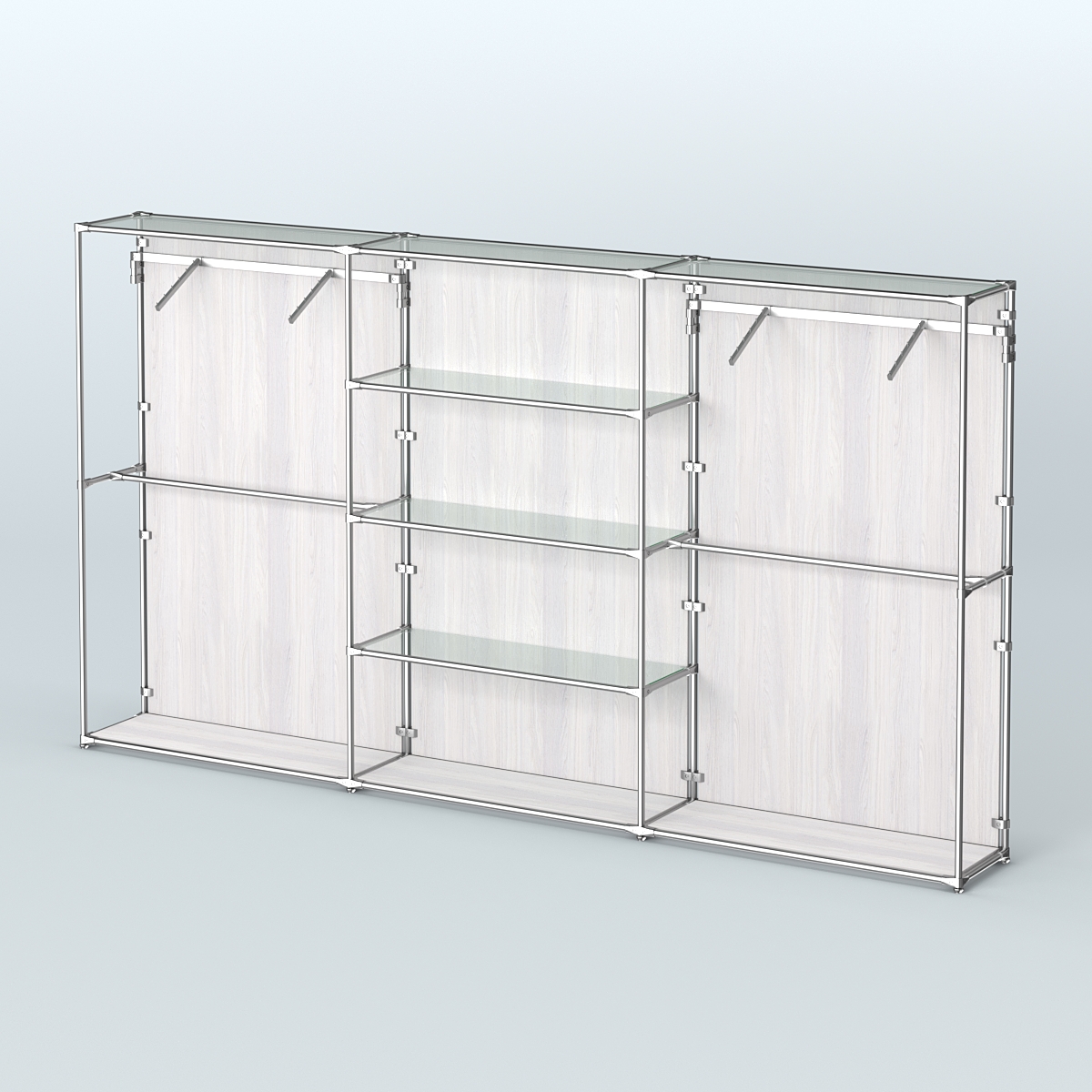 Торговая система ХРОМ (задняя стенка - ДСП) 3600 мм с прозрачными полками и поручнями №10 Ясень Анкор светлый