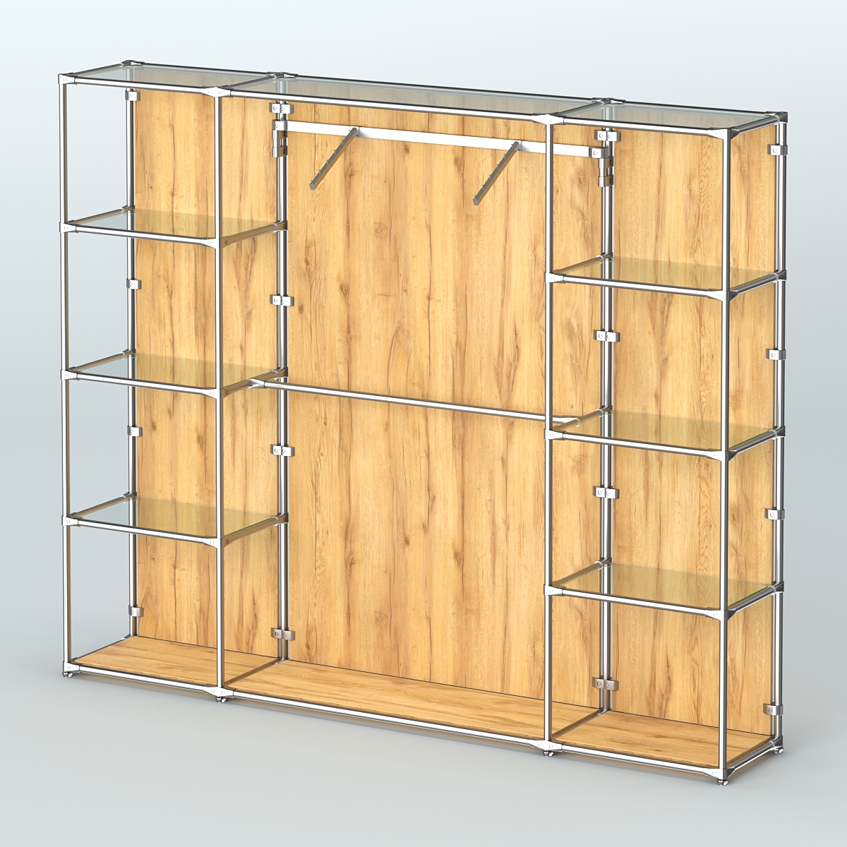 Торговая система ХРОМ (задняя стенка - ДСП) 2430 мм с прозрачными полками и поручнями №11 Дуб Золотистый