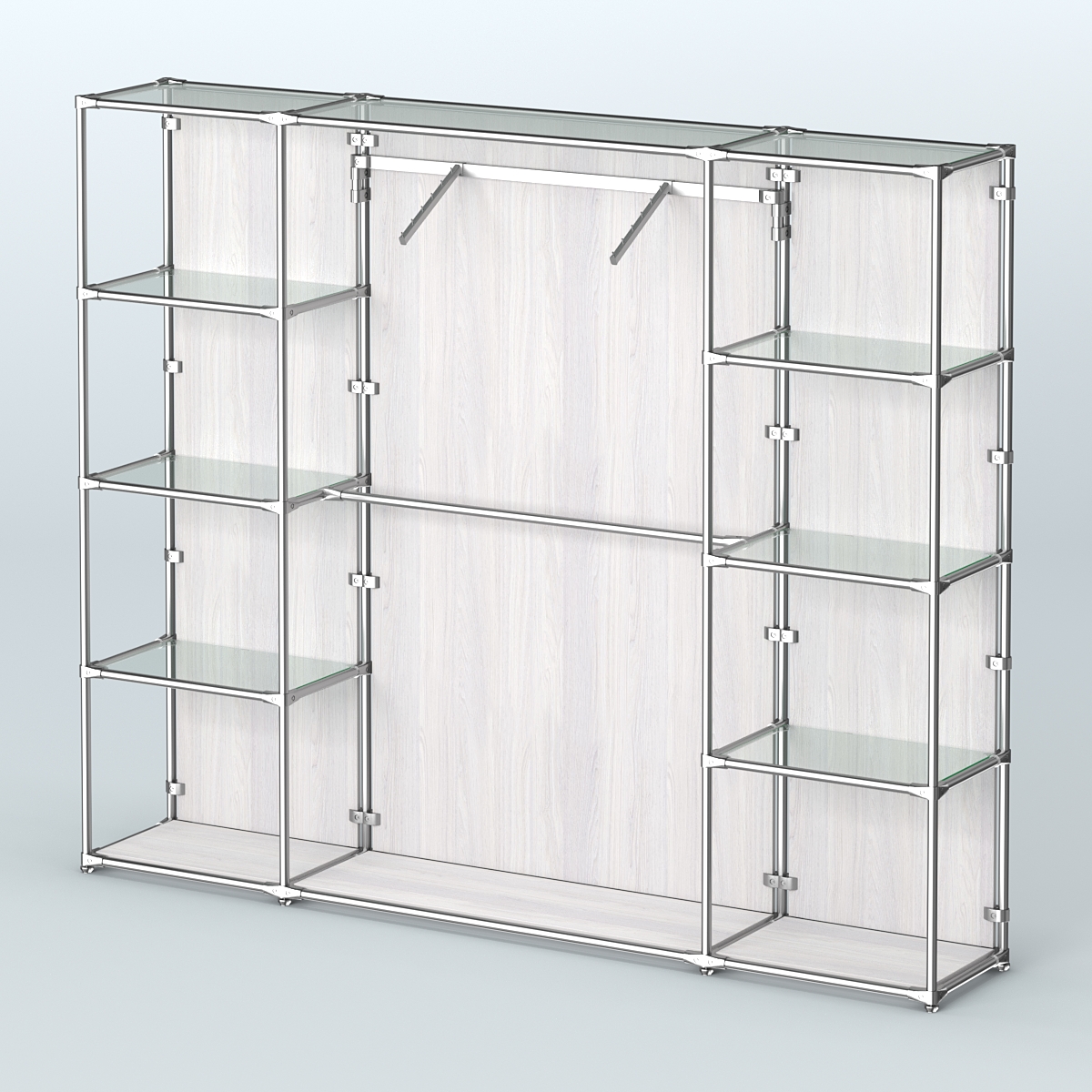 Торговая система ХРОМ (задняя стенка - ДСП) 2430 мм с прозрачными полками и поручнями №11 Ясень Анкор светлый