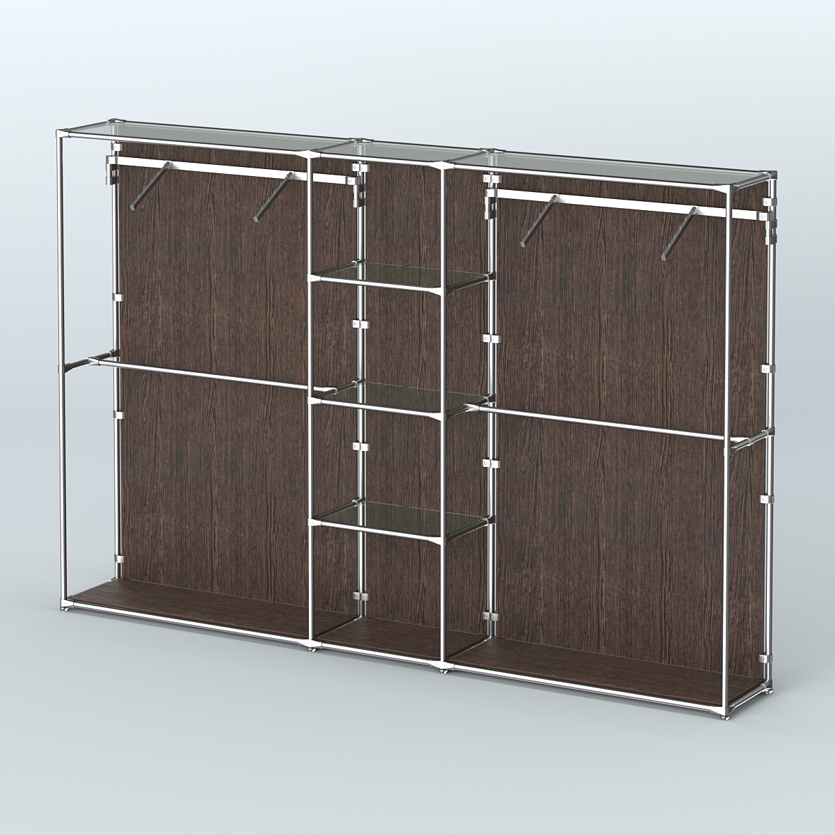 Торговая система ХРОМ (задняя стенка - ДСП) 3030 мм с прозрачными полками и поручнями №12 Дуб Венге