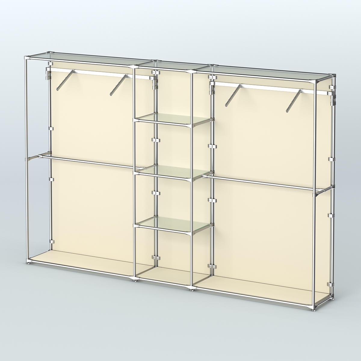 Торговая система ХРОМ (задняя стенка - ДСП) 3030 мм с прозрачными полками и поручнями №12 Крем Вайс