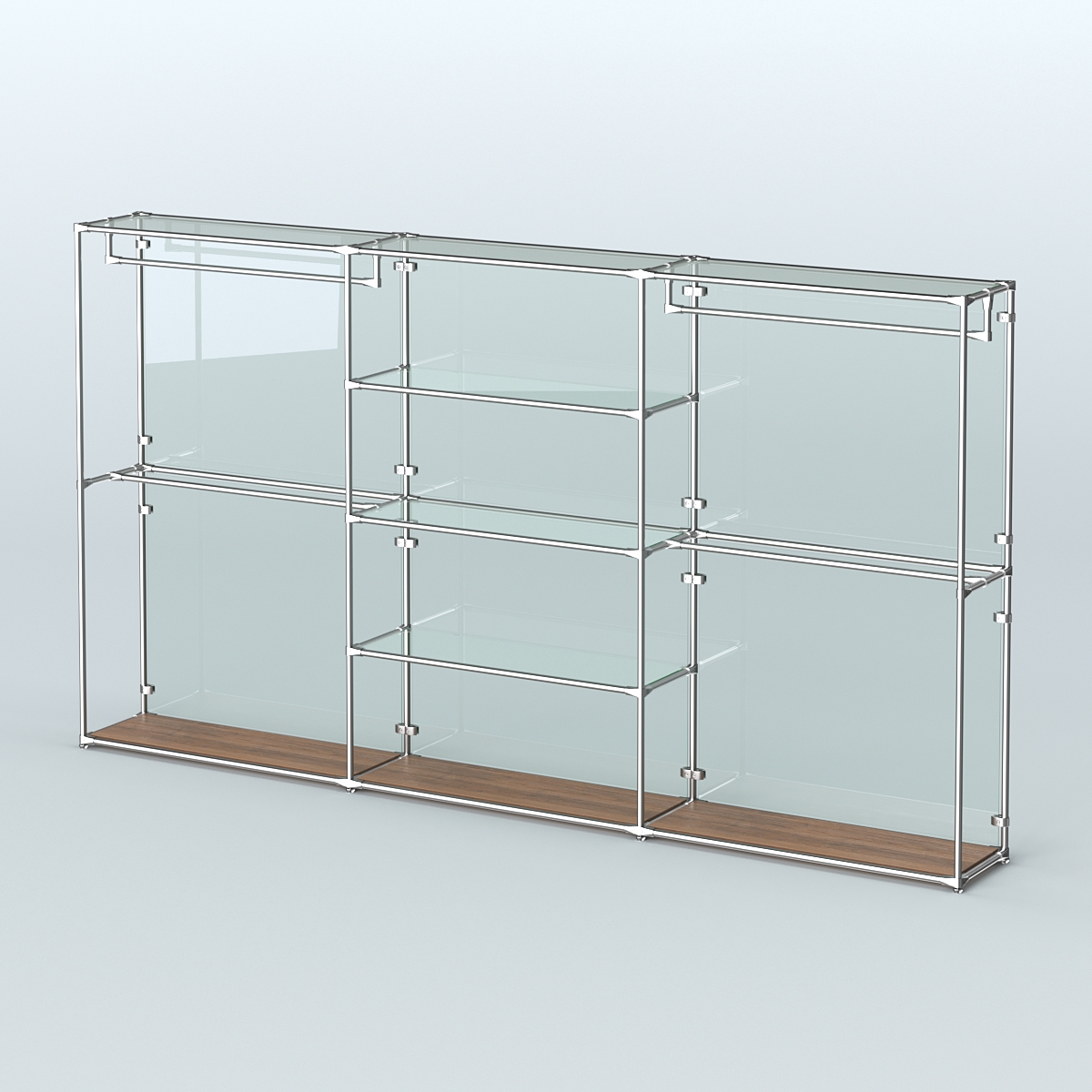 Торговая система ХРОМ (задняя стенка - стекло) 3600 мм с прозрачными полками и поручнями №2 Орех