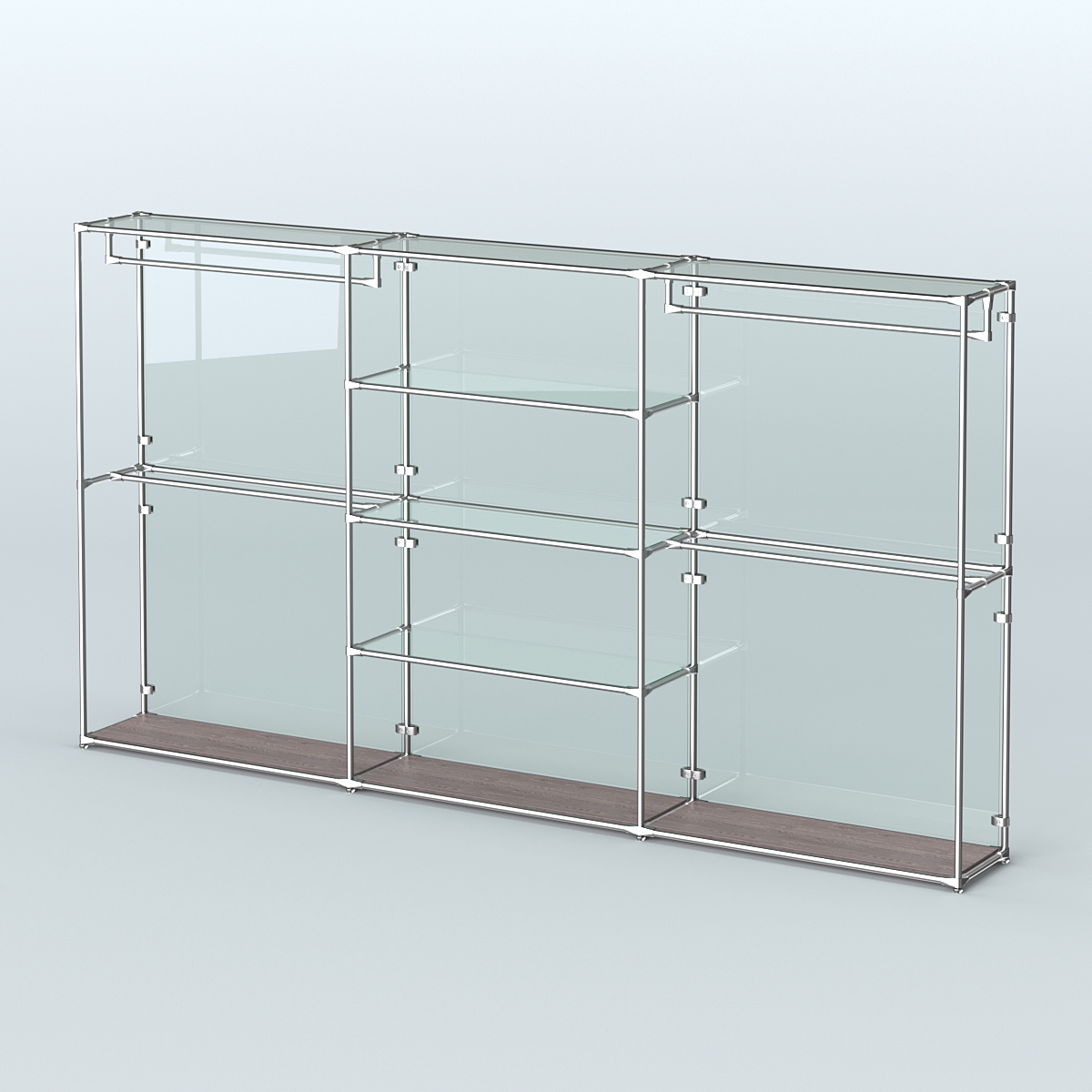 Торговая система ХРОМ (задняя стенка - стекло) 3600 мм с прозрачными полками и поручнями №2 Ясень Анкор темный