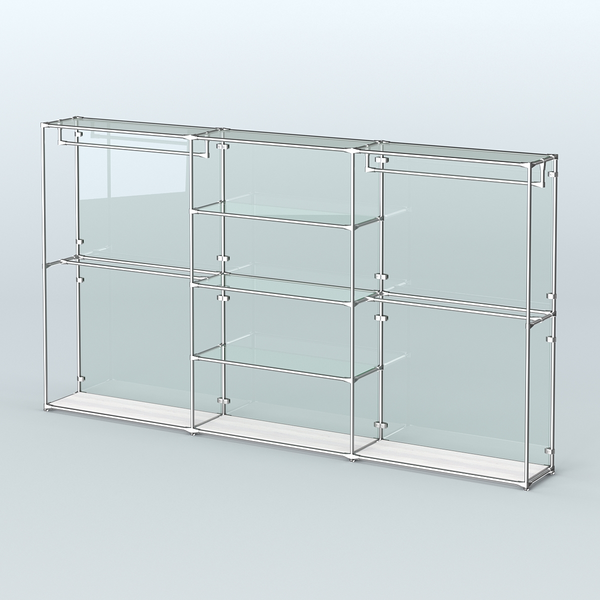 Торговая система ХРОМ (задняя стенка - стекло) 3600 мм с прозрачными полками и поручнями №2 Ясень Анкор светлый